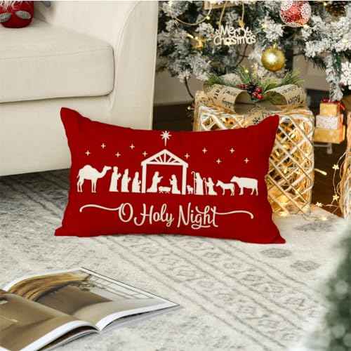 RABUSOFA Christmas Pillow Covers 12x20 Inch,Christmas Pillows Decorative Throw Pillow,O Holy Night Pillow Cases,Red Cushion Covers Decor Xmas Holiday Couch Sofa Cross Joy(22)