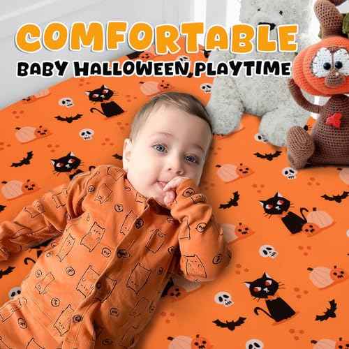 Cloele Halloween Pumpkin Square Playard/Playpen Fitted Sheets Perfect for 36 X 36 Portable Playard Mattresses - Cat Square Pack and Play Crib Sheets Halloween Room Decoration Playpen Sheet for Baby