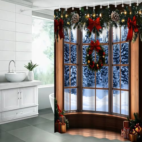 Blue Winter Christmas Shower Curtain 70x70 Inches with Hooks - Holiday Bathroom Decor