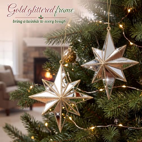 Gold Bethlehem Star Ornament Set - 6 Mirrored 5.5'' Holiday Decorations with Glitter, Variants Include Gold / Bethlehem Star