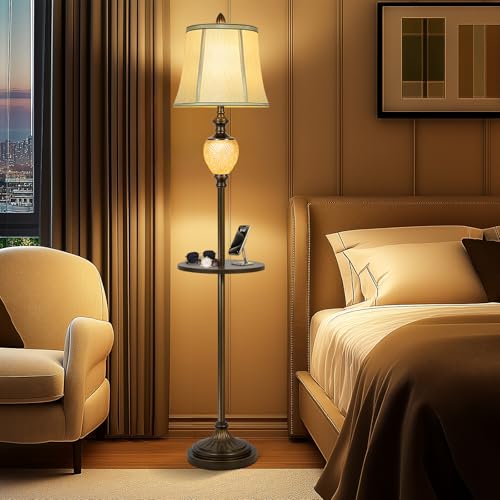 Dark Brown 64-Inch Vintage Floor Lamp with Tray & Nightlight, Faux Silk Shade