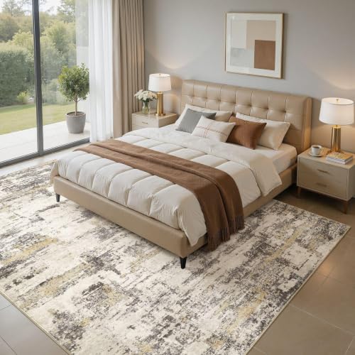 Jessibou 7x9 Gold Brown Abstract Washable Rug for Living Room