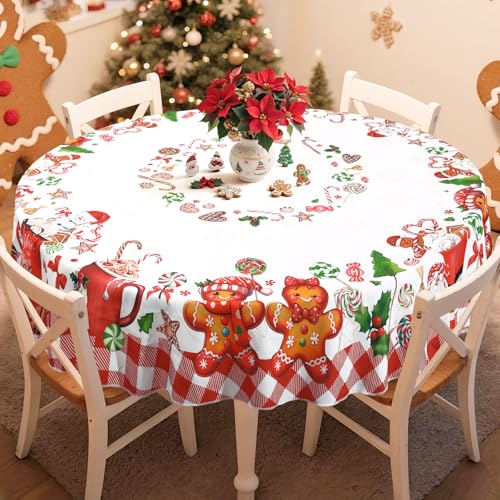 Christmas Round Tablecloth 61 Inch, Gingerbread Candy Cane Print