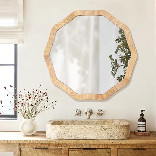Decagonal Rattan Wicker Wall Mirror - 30 Inch Boho Wall Decor
