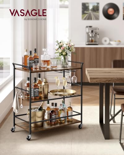 VASAGLE Rustic Brown & Matte Black Bar Cart with Wheels, Wine Rack & Glass Holder - 33.3 x 15.7 x 33.7 Inches
