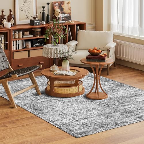 HIRUG 8' x 10' Vintage Distressed Persian Area Rug Graphite & Mist Foldable Non-Slip Carpet for Living Room & Bedroom