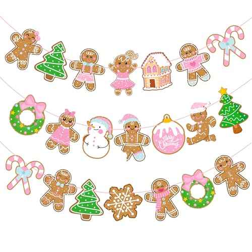 2PCS Gingerbread Party Banners Christmas Gingerbread Man Decorations Pink Gingerbread Party Cutout Banners for Winter Christmas Holiday Party Supplies