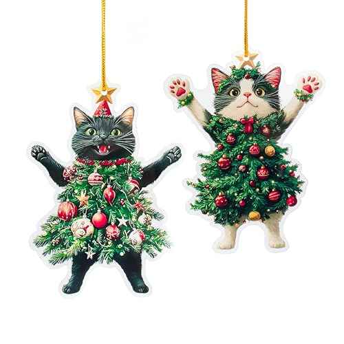 2025 Cat Tree Christmas 2D Ornaments Black Cat Acrylic Decorations for Christmas Tree Unique and Fun Christmas Decoration Gifts Specially Prepared for Pet Owners (4, Black+White)