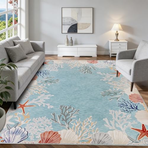 Ocean Blue Coastal Area Rug 8'x10' Washable Non-Slip Nautical Home Decor