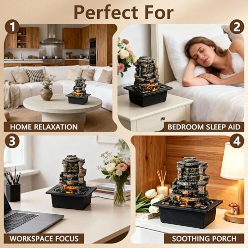 GOSSI Meditation Waterfall Fountain with LED Lights - Black Indoor Tabletop Relaxation Decor