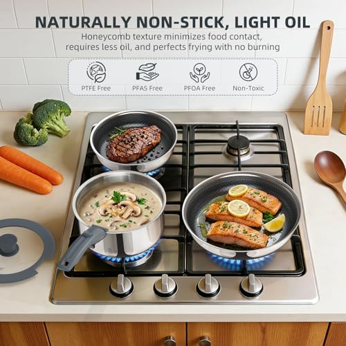 Ciwete 6-Piece Stainless Steel Cookware Set with Nonstick Honeycomb Surface - Includes Lids & Detachable Handle