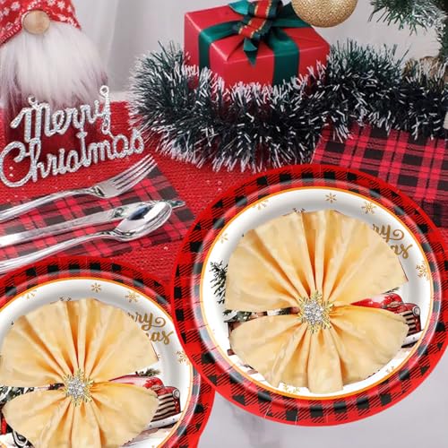 Christmas Paper Plates 24 Pack 9 Inch Rustic Truck & Red Plaid Holiday Dinnerware