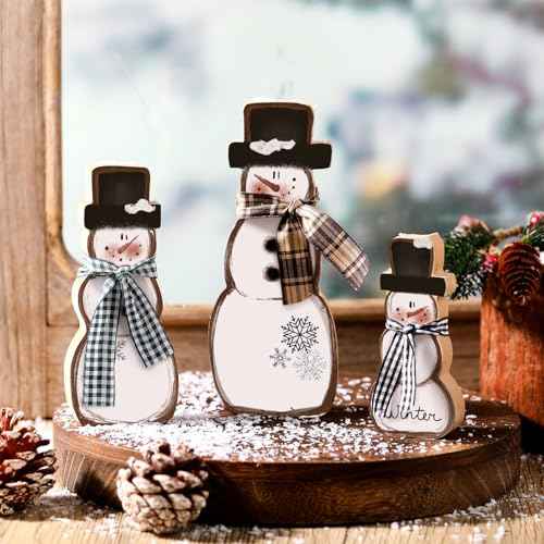 Suzile 3 Pcs Christmas Snowman Table Decorations Winter Wooden Snowman Centerpiece Block Signs Tiered Tray Desktop Figurine for Indoor Fireplace Mantel Home Decor Holiday Xmas Party Supplies