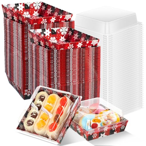 Potchen 100 Pack Christmas Bakery Boxes with Clear Lids - Red & Black Snowflakes
