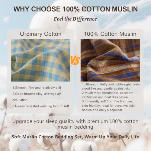 Vintage Brown & Blue Plaid Queen Duvet Cover Set - Reversible Cotton Muslin Bedding