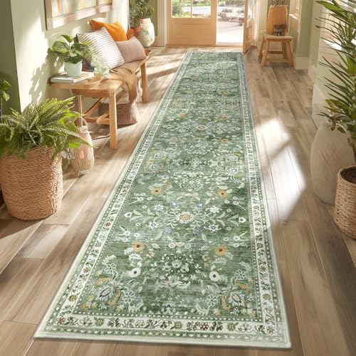 Sage Green Washable Hallway Runner Rug 2x12 Floral Non-Slip Carpet