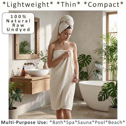 Natural Turkish Cotton Waffle Bath Towels Set of 2 - Extra-Large, Undyed