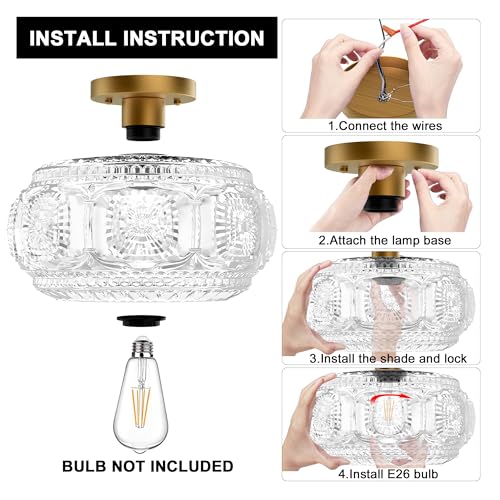 12 Inch Glass Globe Semi Flush Mount Ceiling Light Fixture - Gold