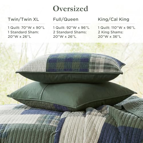 Woolrich Mill Creek Reversible Quilt Set - Oversized Green Full/Queen, All-Season Cotton Coverlet & Matching Shams