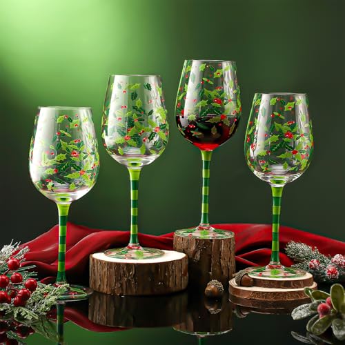 SiliFine 4 Pcs Christmas Holly Berry Stemmed Wine Glasses Set with Holiday Design