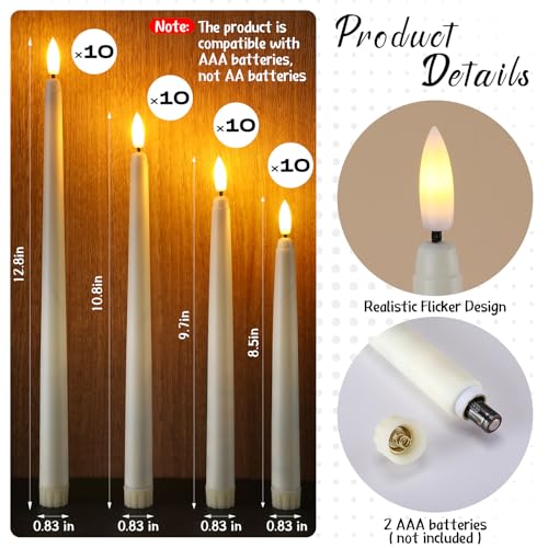 40 Pcs Ivory Flameless Taper Candles LED Flickering Candlesticks for Weddings & Decor