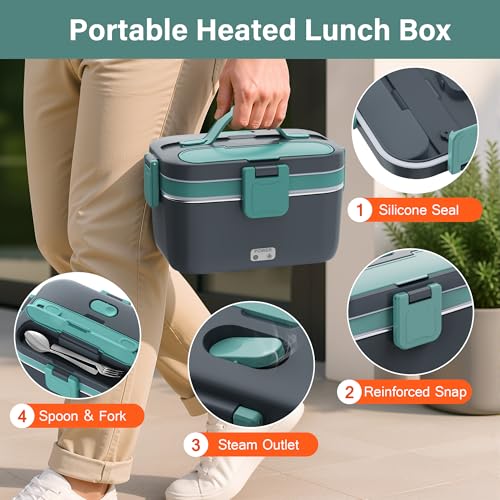 Electric Heated Lunch Box 2.8L Food Warmer Portable Stainless Steel & Plastic - Gray & Green