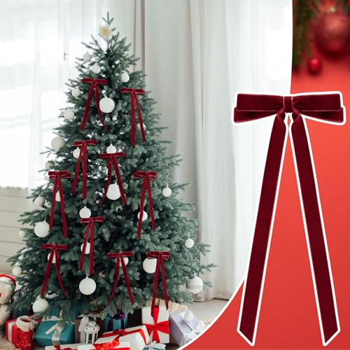 Giegxin Burgundy Velvet Christmas Bow Set - 30 Long Tail Holiday Decorations