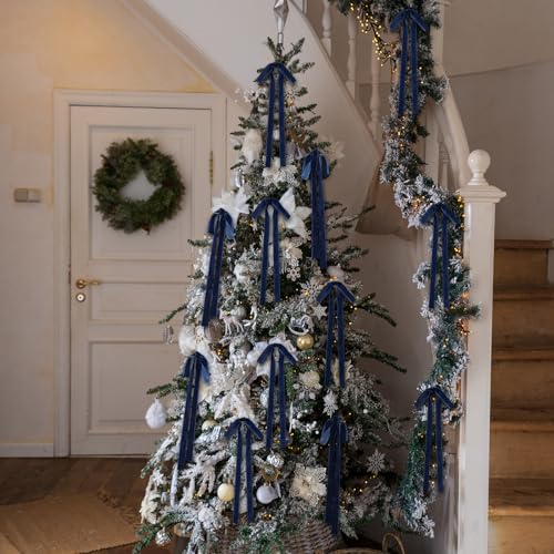 Glitinsel 24 Pcs Navy Blue Velvet Christmas Tree Bows 9x13" Holiday Decor