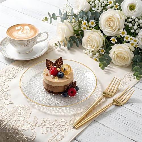 Clear Gold Plastic Dessert Plates 7" with Forks - Hammered Party Set 200 pcs