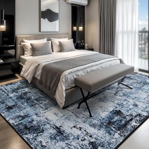 Ocean Blue Abstract Area Rug 9x12 - Washable Navy Blue Living Room Carpet - Variation 01 Ocean Blue
