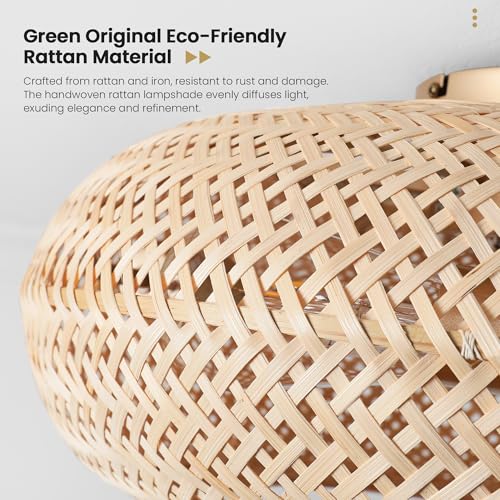 Bamboo Ceiling Fan with Lights 20 Inch Low Profile Rattan Farmhouse Fan - Remote Control