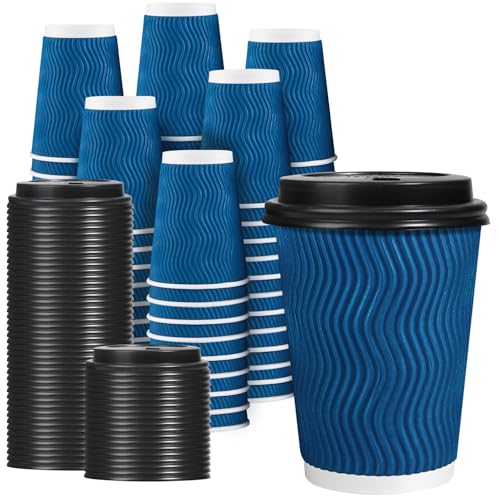 Blue 12 oz Disposable Coffee Cups with Lids - 100 Pack