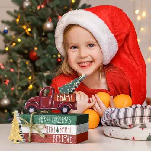 Smile Christmas Wooden Books Stack, Blieve Merry Bright Faux Books Bundle, Red Car Golden Trees Tiered Tray Decorations, for Home Table Mantle Shelf.