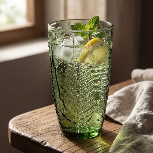Green 16 oz Glass Drinking Set of 4 with Fern Texture - Dishwasher Safe