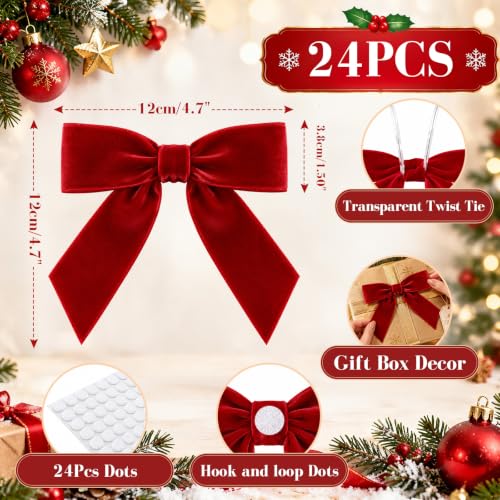 CuriNaut 24 Pcs Red Velvet Christmas Bows 4.7x4.7 in - Red / 4.7" x 4.7"