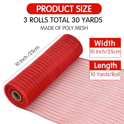 TONIFUL Red White Green Decorative Mesh Ribbon Rolls 10 Yards, 3 Pack for Christmas Wreaths & Party Decor