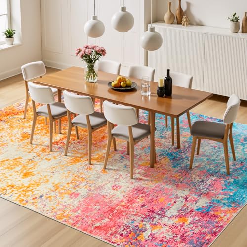 Rainbow Washable Area Rug 5x7 - Soft Non-Slip Living Room Carpet - Colorful
