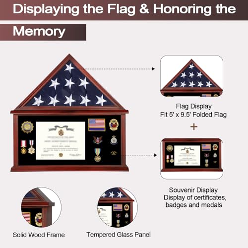 Military Flag Display Case - Pentagon Mahogany for 5' x 9.5' Flag - Wall & Table Mount