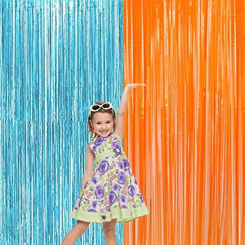2 Pack Blue Orange Foil Metallic Fringe Curtains for Party Decorations Blue Orange Curtain Backdrop Streamer for Birthday Party Dart War Party Supplies Party Decors, 3.25ft x 6.5ft x 2pcs