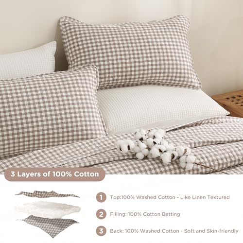 TOCOMOA Tan Gingham Quilt Bedding Set - King 106x96 Inches, Cotton-Like Linen