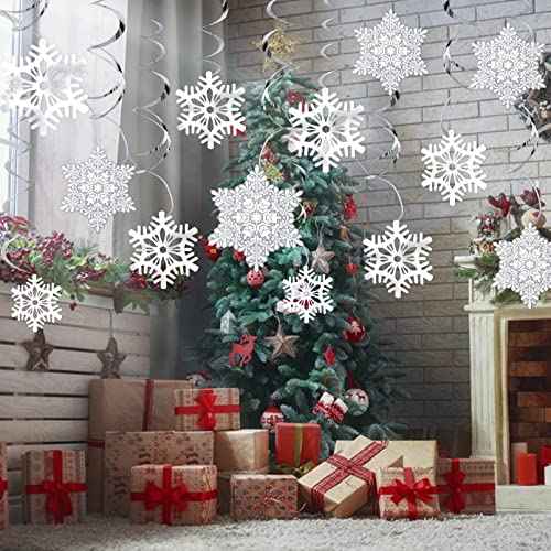 Ouddy Life 51 Pcs Christmas Snowflake Swirl Hanging Decorations, White Silver Snowflake Ornaments Decorations for Christmas New Year Holiday Winter Wonderland Frozen Theme Birthday Party Decorations