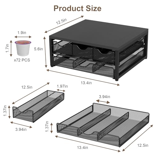 Coffee Pod Holder for Counter - Black Wooden 3 Pull-Out K-Cup Organizer