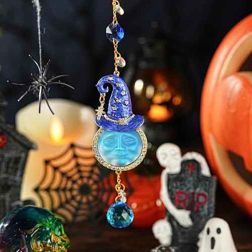 Crystal Hanging Ornament Witch Hat with Crytsal Prisms Sun God Smiley Face Decorative Sun God Halloween Decor for Window, Patio, Garden, Car