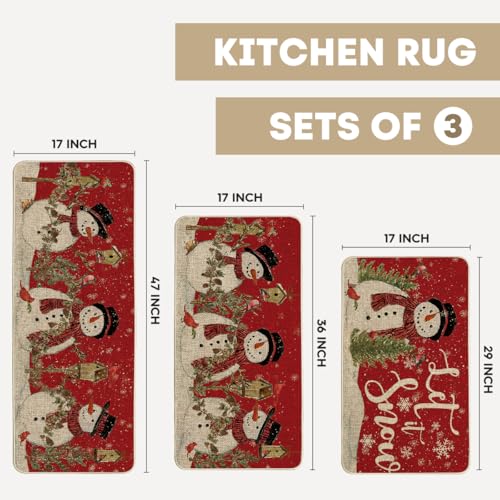 Red Let It Snow Snowman Cardinal Bird Kitchen Rugs 3-Piece Set 17"x29"+17"x36"+17"x47"