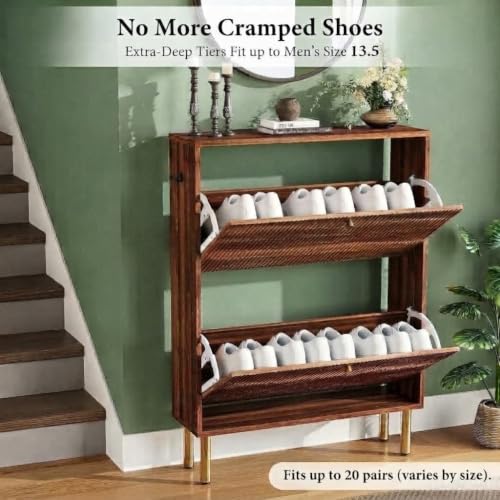 Midnight Walnut Fluted Shoe Storage Cabinet with Flip Drawers - Narrow Entryway Organizer