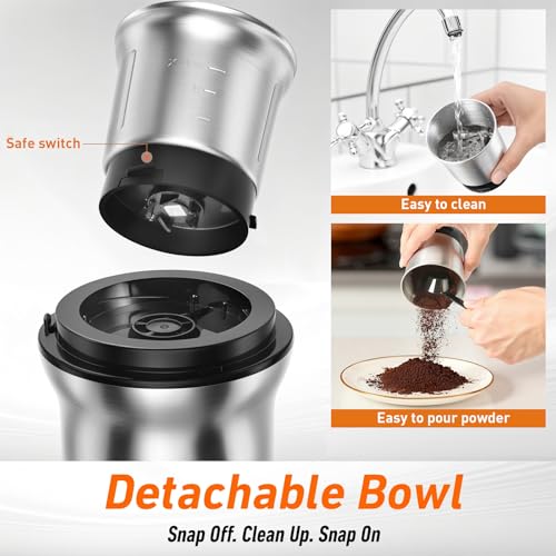 Secura Electric Coffee and Spice Grinder - Stainless, 2 Removable Bowls