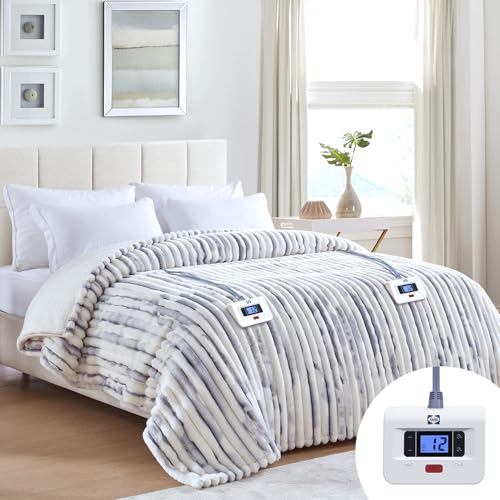 Queen Size Electric Blanket with Faux Fur & Sherpa - Blue White, 84x90 Inches - Safety & 10 Heat Levels
