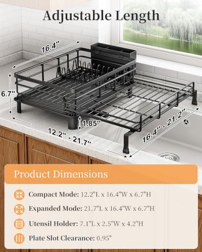 Black Expandable Dish Drying Rack for Kitchen Counter and Sink - Rust-Resistant Metal