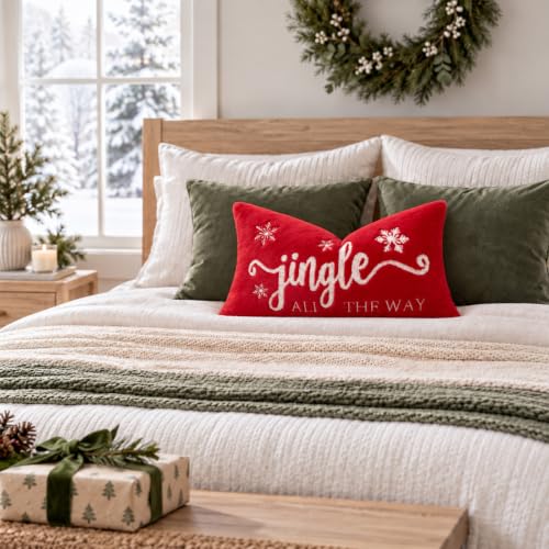 ZWJD 12x20 Inch Christmas Lumbar Pillow Cover with 3D Embroidery Faux Fur, Red
