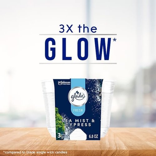 Glade 3-Wick Scented Candle Jar - Sea Mist & Cypress | Essential Oil Infused Air Freshener, 6.8 Oz, 3 Count